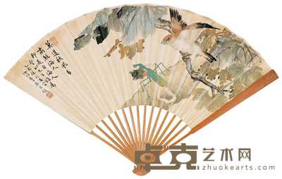 陆抑非 1945年作 螳螂捕蝉 成扇 19×49cm